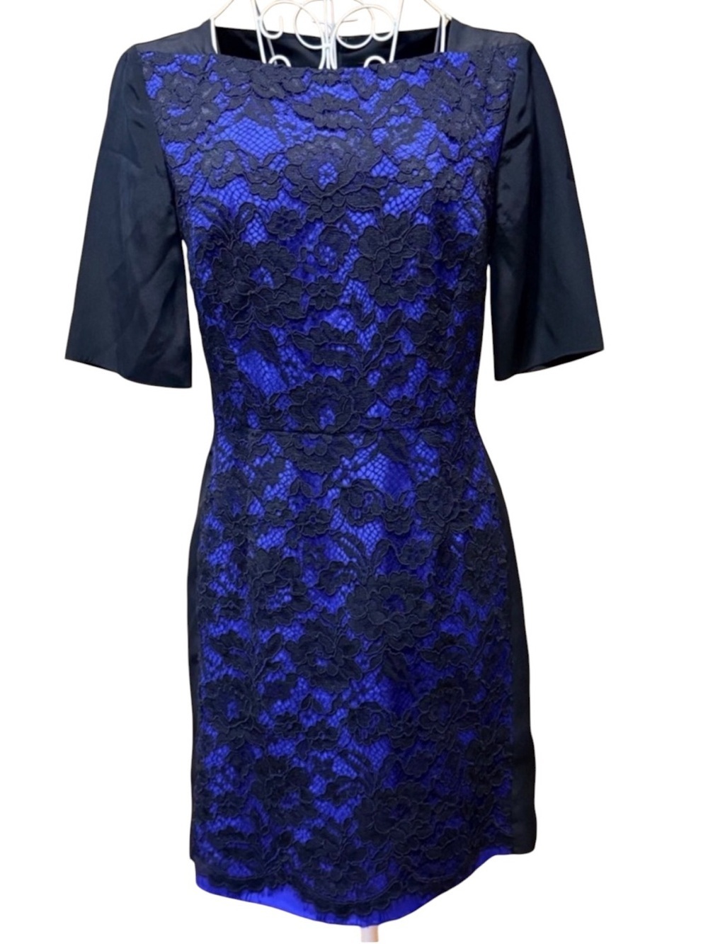 Tibi New York Royal Blue Black Lace Overlay Sheath Mini Dress Silk Sleeves 4
